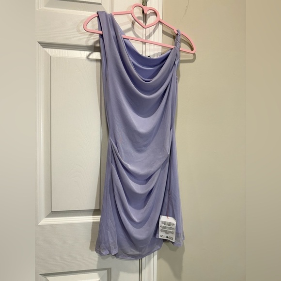 ASOS DESIGN mesh twisted shoulder mini dress with softline skirt in pastel lilac - Picture 4 of 8